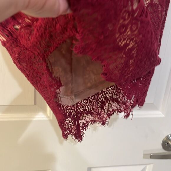 A. Peach red lace overlay high neck mini dress | size L - Picture 6 of 10